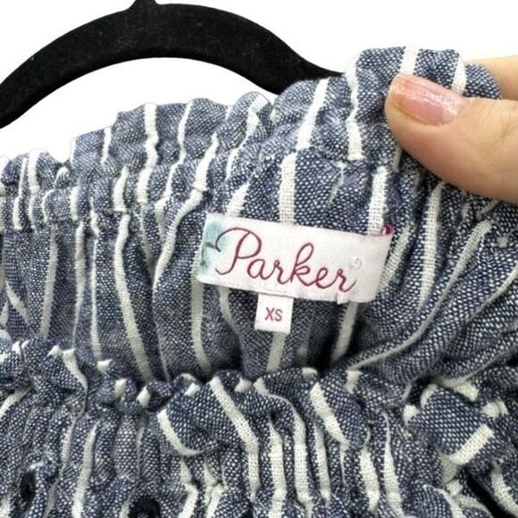 Parker Women Blue White Black Stripes Linen Blend Off the Shoulder Mini Dress XS - Picture 6 of 12